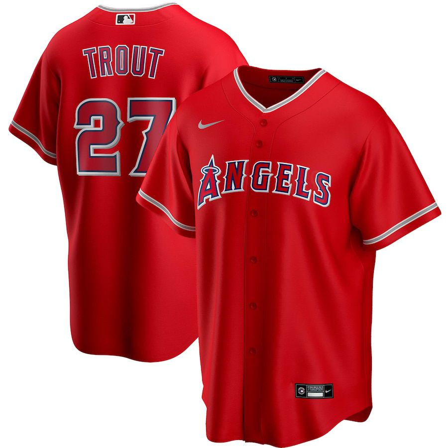 Mens Los Angeles Angels #27 Mike Trout Nike Red Alternate Replica Player Name MLB Jerseys->los angeles angels->MLB Jersey
